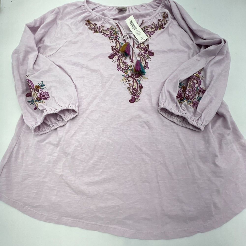 Chico's Women's Pink Lavender Paisley Key Hole Tie Neck Blouse Top Size L NWT